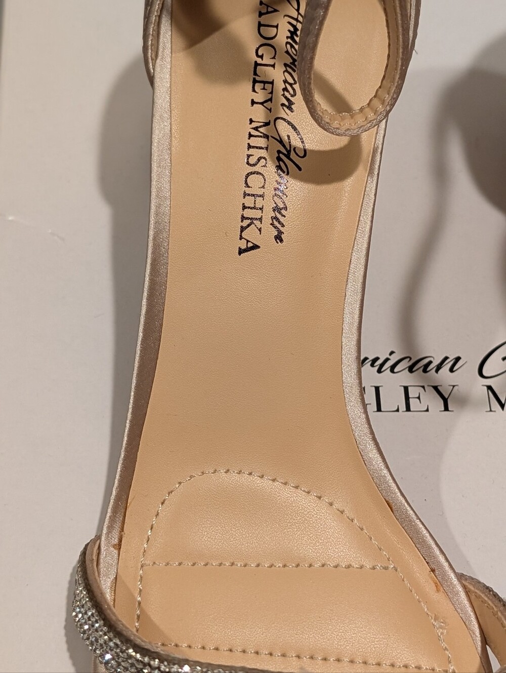 Badgley Mischka Champagne Satin Block Heel Sandal with Crystal Straps Size 7 - Picture 5 of 9
